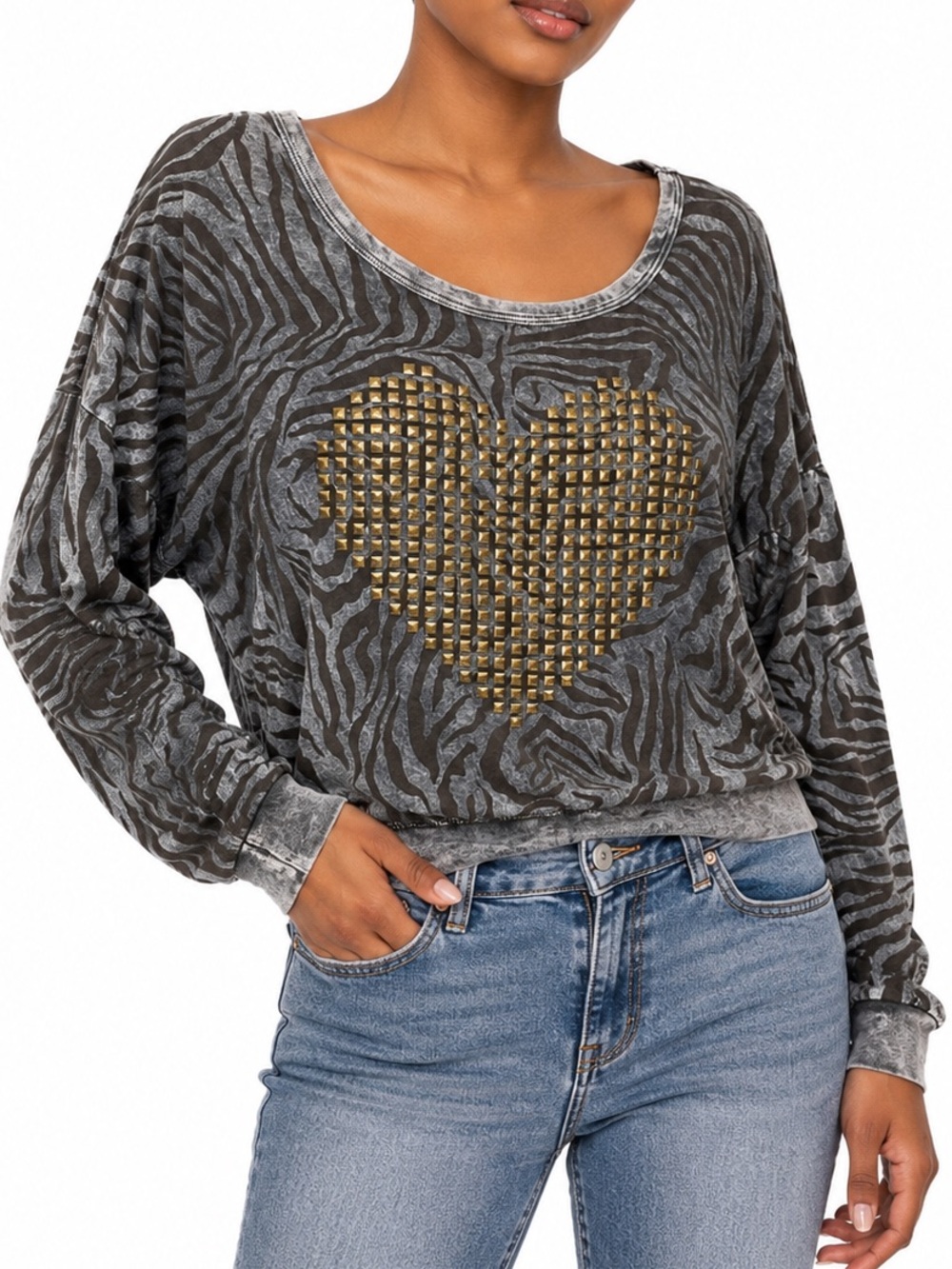Tparty Vintage Zebra-Print Long Sleeve Top with Gold Stud Heart Accent